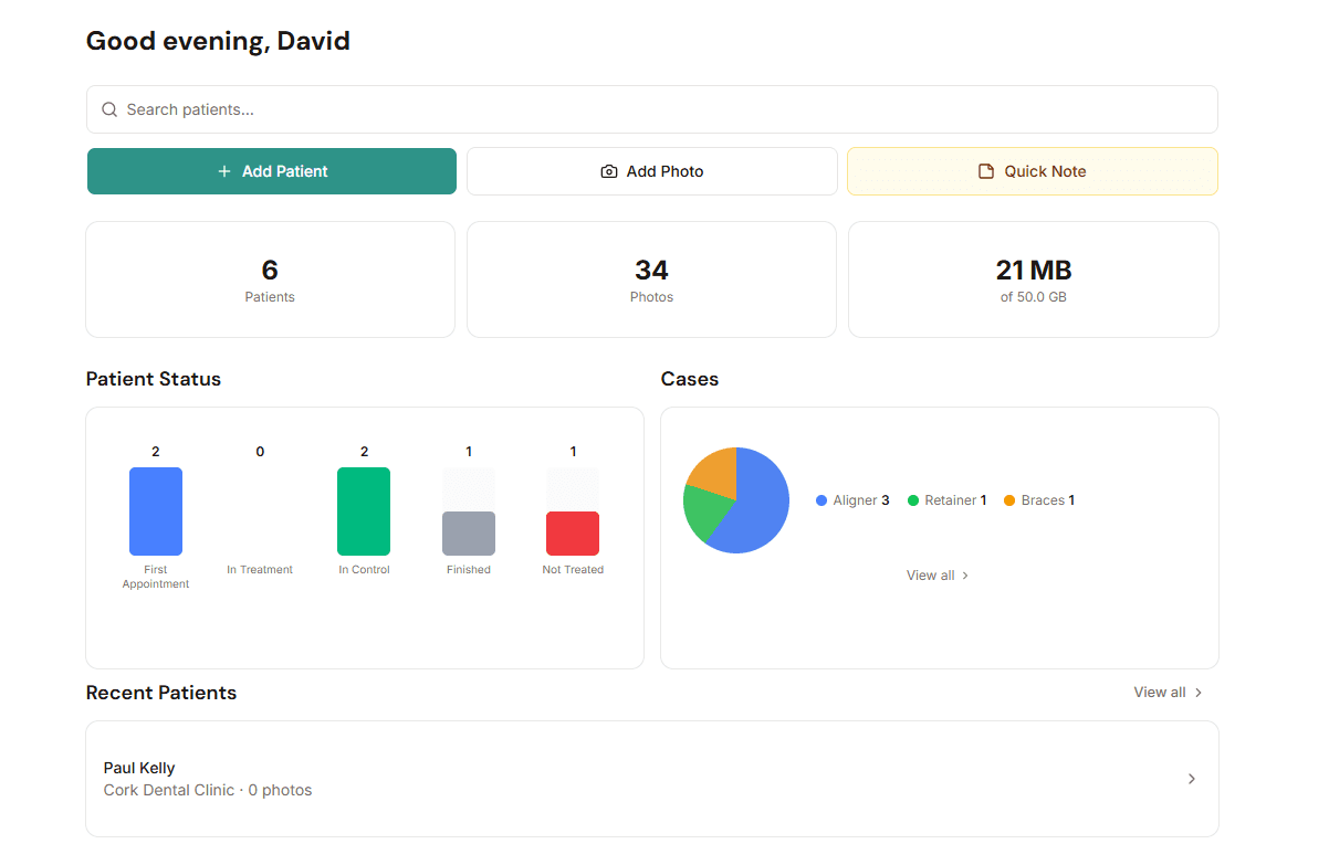 DentalCloud dashboard showing patient management, photos, and treatment tracking